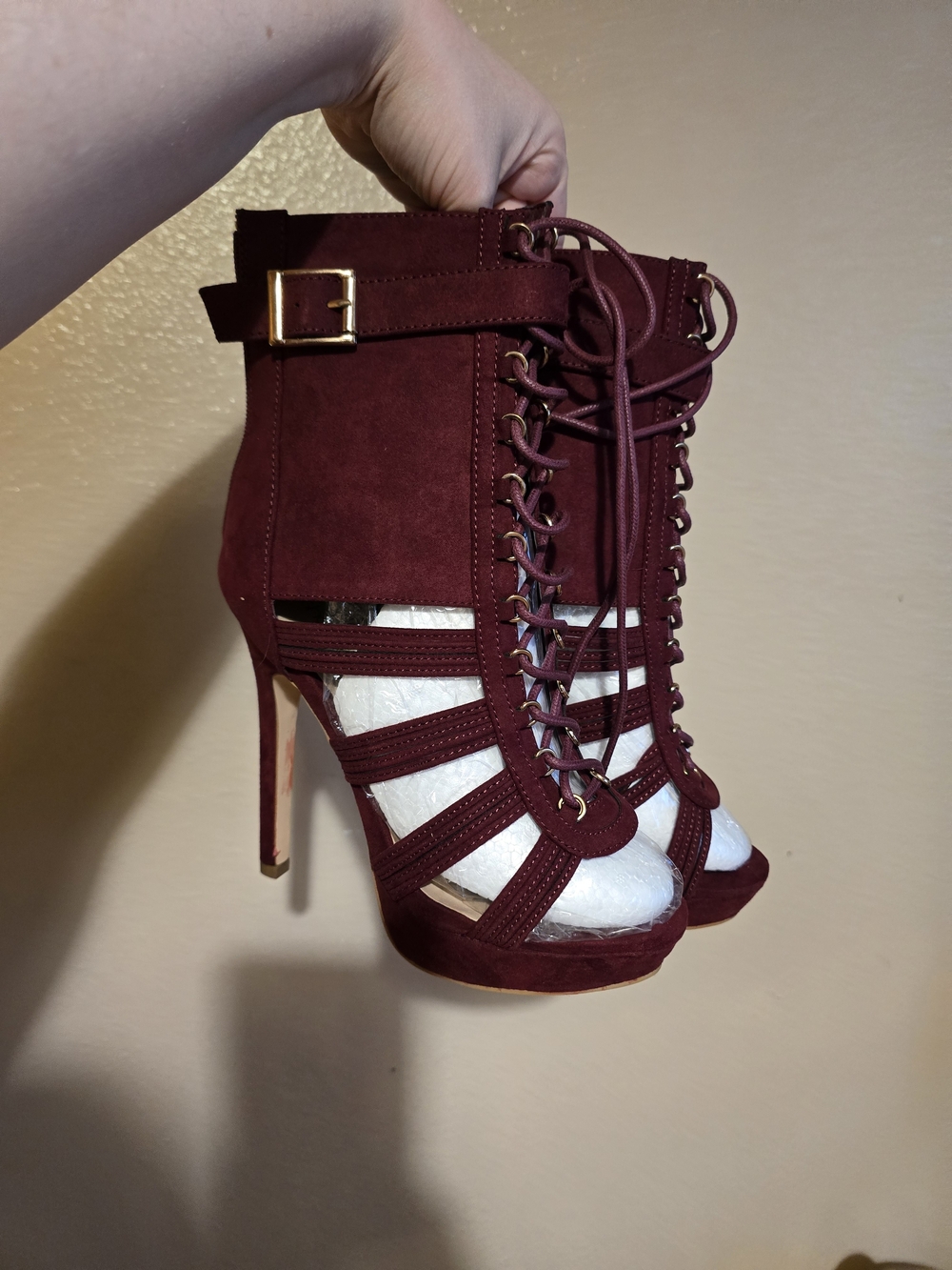 Lace-Up Strappy High Heel Booties in Burgundy NEW